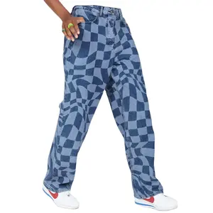 Men'S Designer Fashion Distressed checkerboard pants High Waist Wide Leg Denim Pants Streetwear Casual Loose Denim jeans