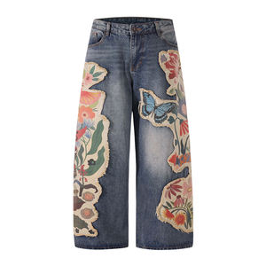 Pantalones Vaqueros Vintage Personalizados al por Mayor para Hombre, Cintura Media, Estilo Globo, Bordado Floral de Mariposas, Parche con Borlas, Pantalones Vaqueros Holgados para Hombre - Product Image 1