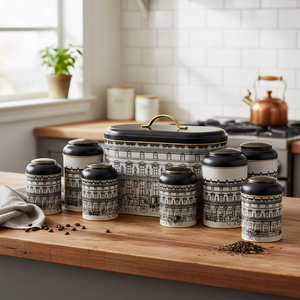 Ensemble de cuisine rond en étain de 7 pièces Kontensan avec couvercles en dôme, illustré par des paysages urbains vintage et un design urbain - Product Image 3