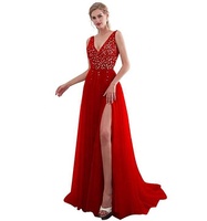 NNR Hochwertige rosa bestickte Perlen Slip Sexy Deep V Pailletten Langes Kleid Abendkleid