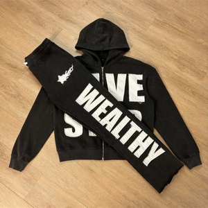 Custom Men Heavyweight Cotton Patchwork Sweatsuit Distressed Acid Wash Applique <b>Embroidery</b> Sweatpants and Cropped Hoodie <b>Set</b> - Product Image 1