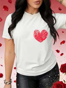 T-shirt casual da donna per San Valentino, con stampa a cuore con impronta digitale, manica corta, girocollo, in cotone leggero e traspirante, per la primavera - Product Image 3