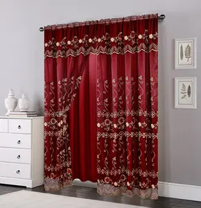 Ready factory cheap lace wholesale curtain with valance floral tulle designs embroidered rod voile sheer curtains for windows