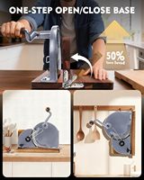 Trancheuse à pain pliable à manivelle en métal, pour pain au levain, épaisseur réglable de 0 à 20 mm, lame en acier inoxydable, base en bois d'acacia, pieds antidérapants, gris