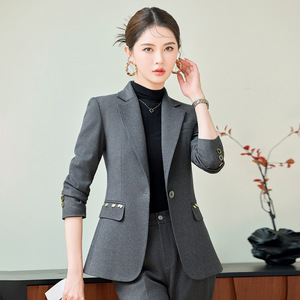 Women's Suit Set Grey Polyester Wool Blend Slim Fit Office Lady Anti-Wrinkle Spring Autumn Style - Product Image 3
