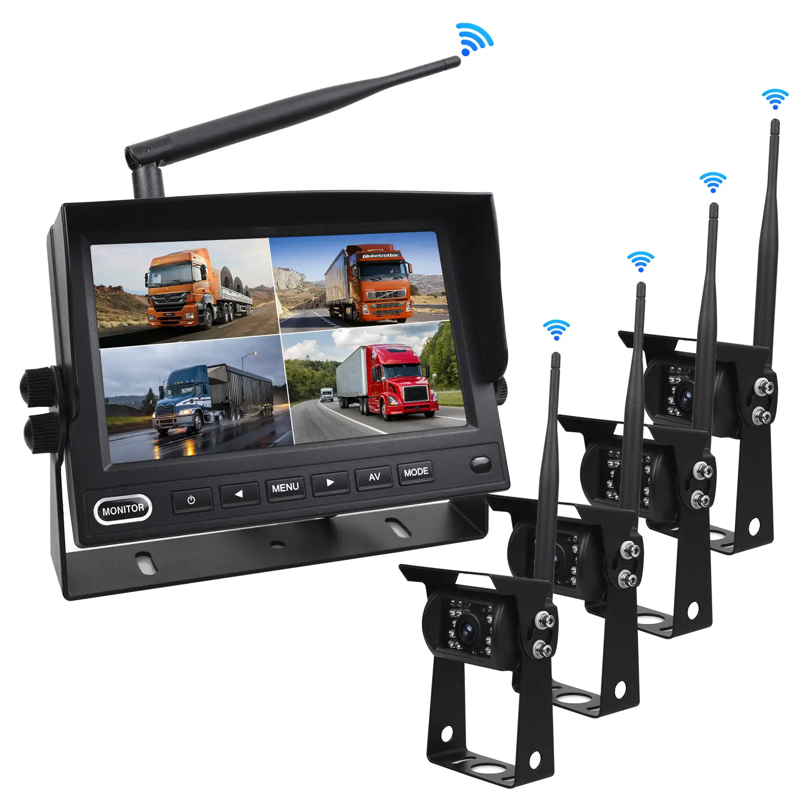 AHD 1080P 4CHトラックワイヤレスリアビューシステムデジタルワイヤレス車両バックアップサラウンドビューカメラシステム、7インチIPSモニター付き