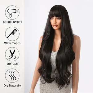 Peluca ondulada de cuerpo largo negro al por mayor de fábrica para mujer pelucas onduladas naturales sintéticas con flequillo fibra de pelo falso de fiesta diaria - Product Image 5