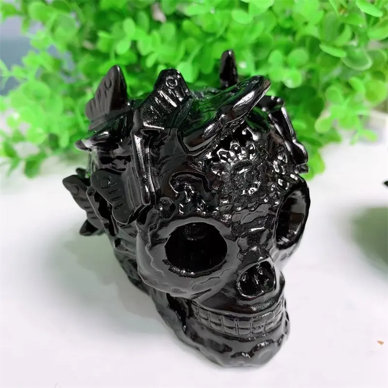 8.5cm Natural Black Obsidian Crystal Butterfly Skulls Carving Healing Polished Figurine