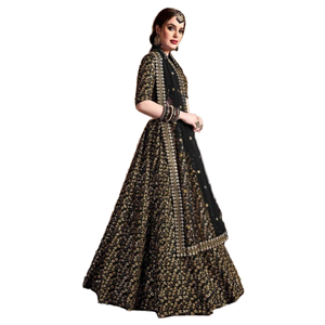 Magnifique ensemble Lehenga Choli de vêtements de réception pour femmes en soie brute à paillettes noires - Product Image 1