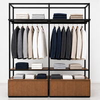 Système de présentation de vêtements en métal chromé argenté avec tringle à vêtements et armoire de rangement sur base en chêne – Vente en gros
