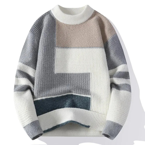 New Style Autumn and Winter <strong>Color</strong> <strong>Block</strong> Thickened Bottoming Sweater O-neck Fashion Loose Pullover for Man - Product Image 3