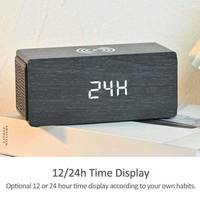 Reloj Despertador LED de Madera con Carga Inalámbrica Rápida de 15W, Función de Memoria, Pantalla de Temperatura, Alarma Doble, Recargable