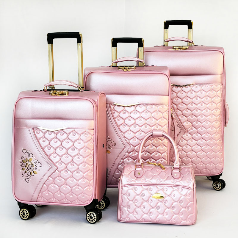 Wedding Embroidery PVC Leather Soft 3 PCS Size Spinner Travel Bag Valise Set Travel Luggage Bag with Beauty case
