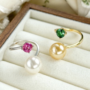 Dainty Jewelry Wholesale Eco-friendly Copper Green Zircon 12mm Shell Pearl Open Unique <b>Cheap</b> Designer Vintage <b>Ring</b> for Feminine - Product Image 3