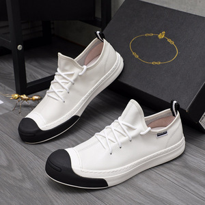 Chaussures pour hommes tendance printemps-été, style coréen, respirantes, souples, en cuir véritable, blanches, à lacets, décontractées - Product Image 3