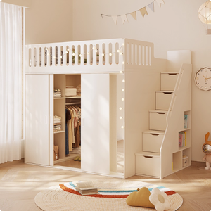 Ensemble de chambre à coucher moderne en bois de chêne double pour enfants et adultes, <span class=keywords><strong>lit</strong></span> mezzanine avec armoires, panneau de rangement en bois, style design - Product Image 4