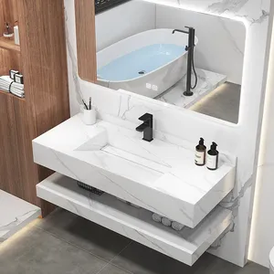 Lavabo de tocador integrado de mármol montado en la pared personalizado de hotel de lujo lavabo de doble losa para Baño - Product Image 4