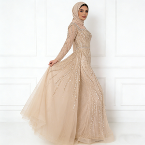 Robes musulmanes élégantes pour femmes, tendance, beige doré, ornées de paillettes, tulle, col carré, manches longues, traîne sirène, longueur au sol - Product Image 3