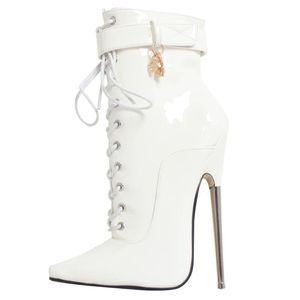 Bottines à lacets en cuir verni blanc pour femmes, bout pointu, talons aiguilles, mi-mollet - Product Image 1