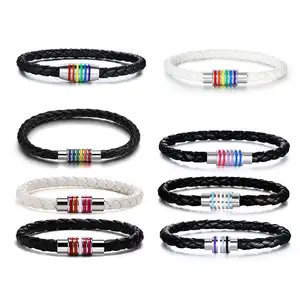 Promotional Cheap Handmade Weave Plaited Rainbow Braided lgbt pride Bracelet Gay Pride Leather Bracelet