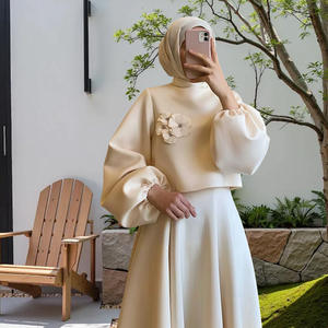 فستان سهرة للنساء المسلمات في الشرق الأوسط، طقم من قطعتين على الطراز الدبي، فستان فضفاض بأكمام فانوس مزين بالزهور، بدلة تنورة نسائية - Product Image 5