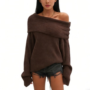 Pull en maille côtelée à épaules dénudées pour femme - Haut en maille décontracté surdimensionné tendance - Product Image 5