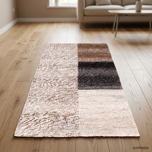 Tapis rectangulaire artisanal en laine, moderne, abstrait, géométrique, beige et marron, à poils plats, pour salon et usage domestique - Product Image 1