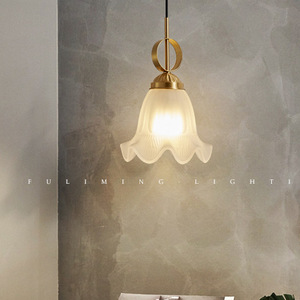 Nordic Style Single-Head Floral Glass Pendant Light <b>Small</b> Brass Bedside <b>Sofa</b> Side Table Lamp Middle Sized Decorative Lampshade - Product Image 3