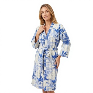 Luxury Premium Quality Kantha Kimono Bathrobe <b>Women</b> Full Length Elegant Floral Design V-neck Drawstring Closure 100% Cotton Long - Product Image 1