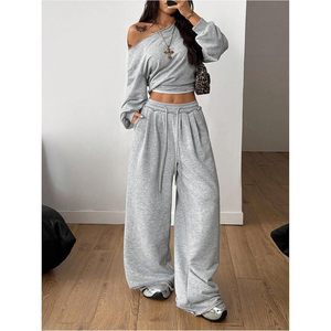 Conjunto de 2 Piezas de Sudadera sin Cuello para Mujer, Pantalones Deportivos Holgados de Forro Polar Transpirable, Atuendo Informal Combinado para Todas las Temporadas - Product Image 4