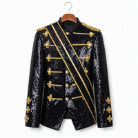 Veste noire à sequins pour homme, costume de scène, manteau formel à tresses dorées, blazer orné à col montant pour performance et soirée