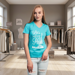 T-shirt pour femme en turquoise, col en V, manches courtes, coupe ajustée, imprimé avec la tour Eiffel de Paris, décontracté, printemps-été, 100% coton jersey - Product Image 1