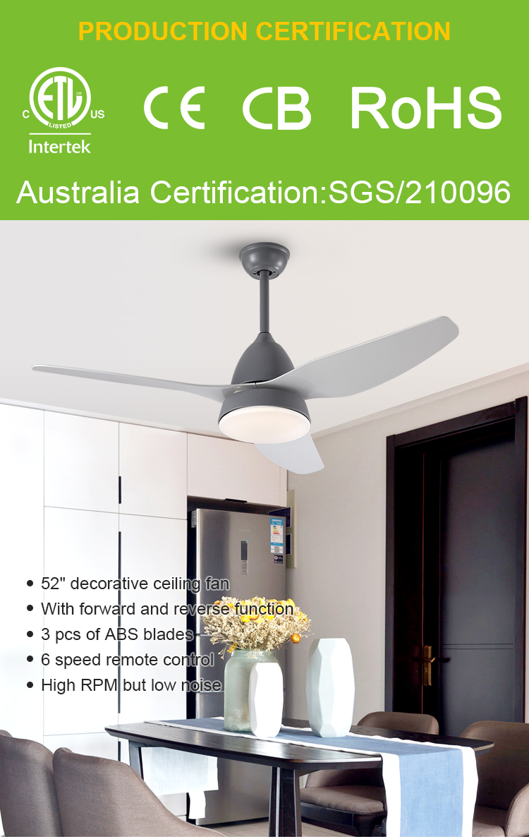 Remote control in stock ABS material 3 blades natural wind tricolor ceiling fan led light