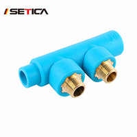 Collecteur d'eau mat SETICA RH-158 bleu en PPR à 2 voies, résistant à la corrosion et aux produits chimiques, avec sorties en laiton pour raccordement de tuyauterie de bâtiment