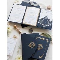 Carte de vœux de mariage classique de luxe bleu marine et or, impression typographique dorée, pelliculage, papier fantaisie, 3 inserts, marque personnalisée