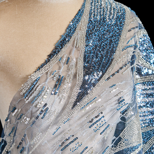 Tissu en <span class=keywords><strong>tulle</strong></span> perlé, brillant, lisse, respirant, broderie florale bleue perlée pour robe de princesse pour enfants - Product Image 1