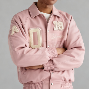 OEM مخصص الشنيل التطريز عكسها للماء الوردي ليترمان سترة بومبر الرجال جلد طبيعي سترة اسكواش - Product Image 2