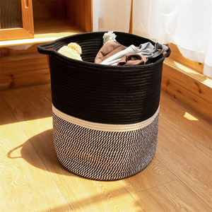 Woven Storage <b>Basket</b> Cotton Rope Round Clothing Organizer <b>Foldable</b> Handle Black Gray White Tones - Product Image 2