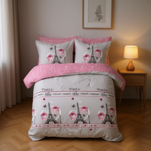 Parure de lit réversible 10 pièces motif Tour Eiffel gris rose imprimé, taille King Size, collection Printemps Juliette Paris - Product Image 2