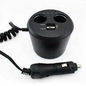 Cup shaped Twin Socket Car Adapter with Two USB Port Extension Cord and Battery Analyzer