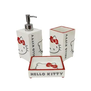 Juego de baño de resina Hello Kitty de cerámica personalizado de 3 piezas ecológico decoración del hogar de moda para niños