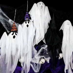 27.5 pouces extérieur intérieur Halloween fête décoration drôle mignon blanc suspendu fantôme avec chapeau de sorcière