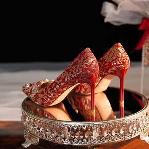 Pointed Toe Satin <b>Pumps</b> With Rhinestones Super High Heel Bridal Wedding Shoes <b>Red</b> - Product Image 2