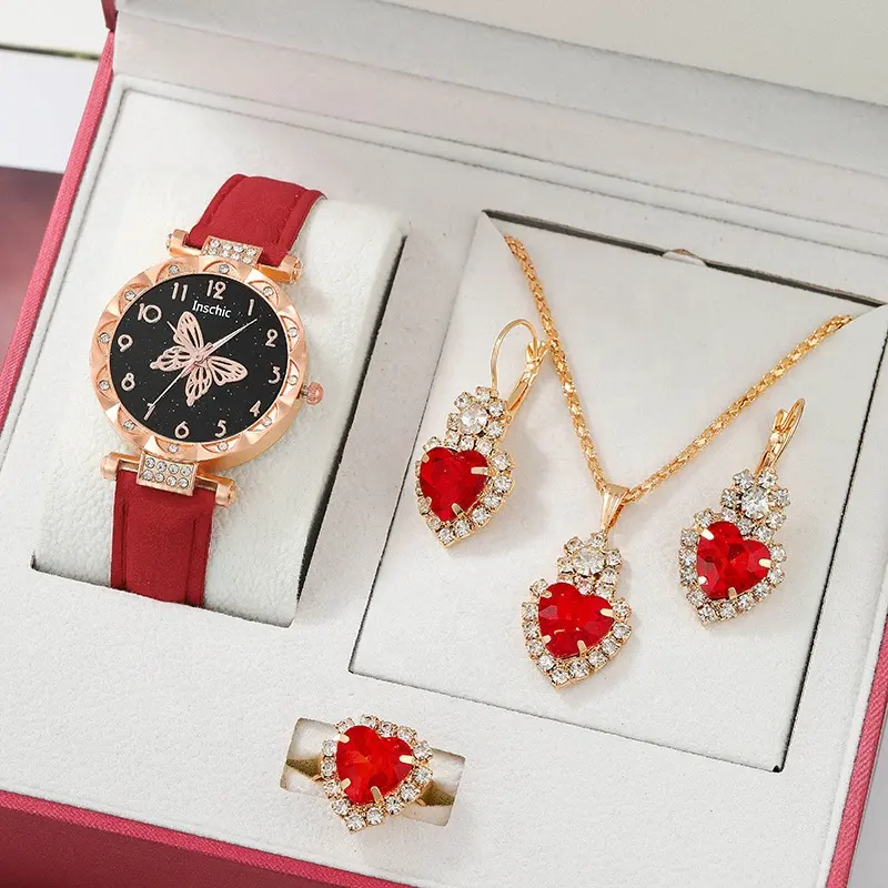 6122 New Arrival Pointer Quartz Watch Lady Butterfly Women Leather Watches & 4pcs Jewelry Set Necklace Earring Cheap