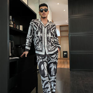 Moda pigiama da uomo in seta di alta qualità con stampa con angelo a manica lunga 2 pezzi per uomo e donna - Product Image 3