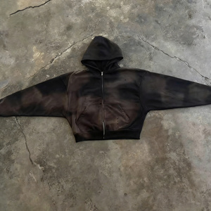 Veste en molleton surdimensionnée à imprimé personnalisé, lavage à l'acide, effet délavé vintage, logo brodé, fermeture éclair, 100% coton, imperméable, hiver, fil teint - Product Image 2