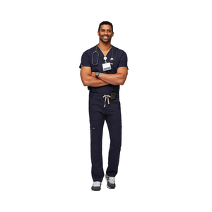 Costume médical confortable <span class=keywords><strong>de</strong></span> gommage bleu marine avec logo personnalisé pour hommes, combinaison tissée <span class=keywords><strong>de</strong></span> gommage d'allaitement pour figues, taille 3XL - Product Image 1