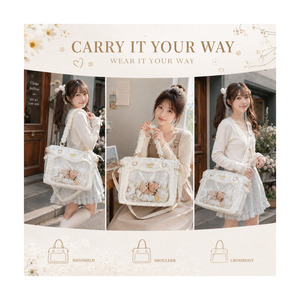 Sac à bandoulière Teddy Island en satin Kawaii personnalisé, grande capacité, avec fenêtre transparente en PVC DIY et poignée plissée - Product Image 3