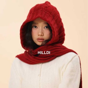 HILLDI Bonnet cagoule en tricot avec écharpe rouge pour femme, cache-cou chaud automne-hiver - Product Image 1