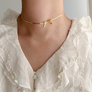 Women's Summer Classic Stainless Steel Choker Bowknot Necklace Aquamarine <b>Snake</b> Chain 18K Gold Plated for Engagement Gift - Product Image 6